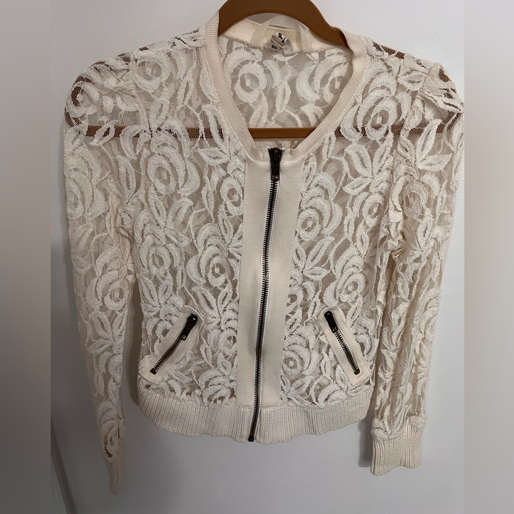 Free People Cream Lace Zip Front Bomber Jacket